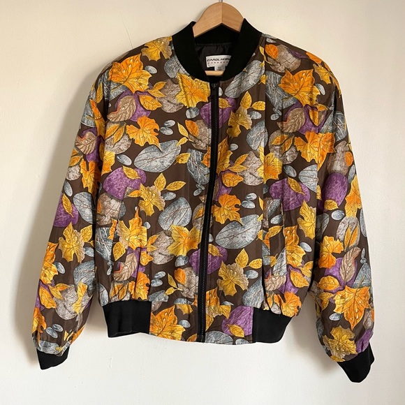 Vintage 100% Silk Bomber Black Jacket Fall Autumn Leaves Pattern S-L Unisex - Picture 4 of 12